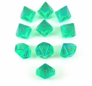 Translucent teal D10 dice set from Chessex, perfect for tabletop gaming adventures