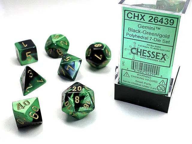 Chessex Gemini Black-Green Gold Polyhedral 7 Die Set with Packaging