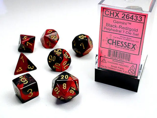 Chessex Gemini Black-Red Gold Polyhedral 7 Die Set for tabletop gaming
