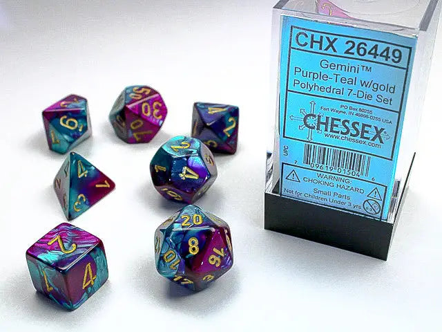 Chessex Gemini purple-teal and gold polyhedral die set in packaging