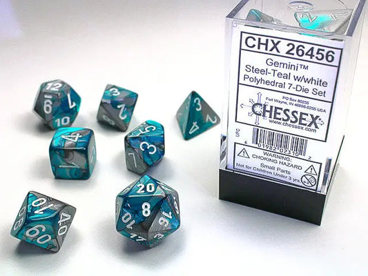 Chessex Gemini Steel-Teal White Polyhedral 7 Die Set with marbled teal and silver design