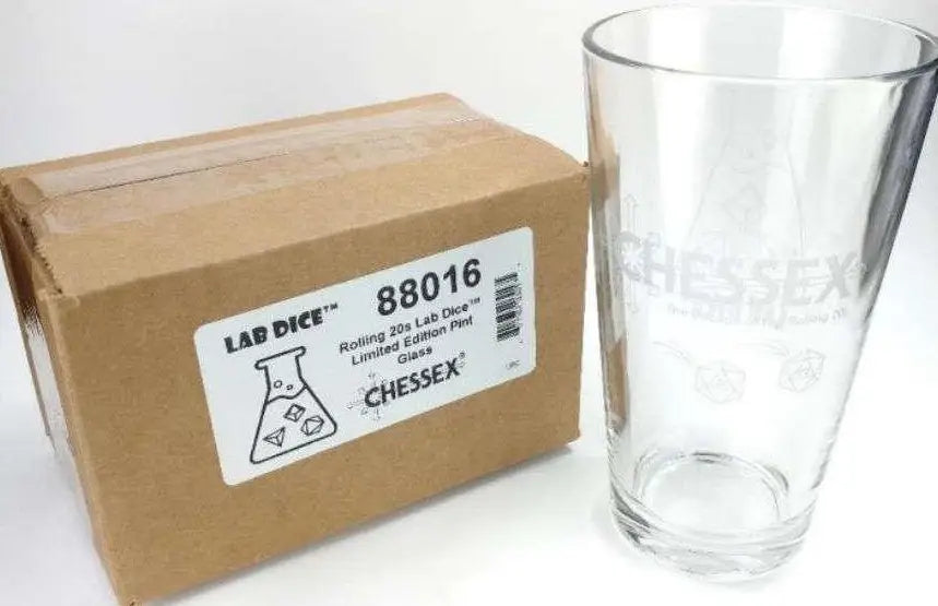 Clear etched scientific beaker pint glass from Chessex Lab Dice and Trading Cards collection