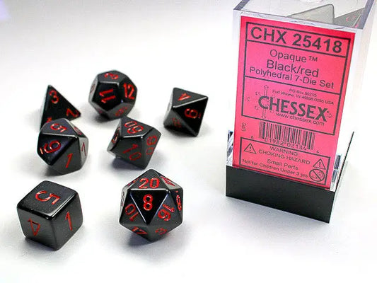 Chessex Opaque Black Red Polyhedral Dice Set with pink packaging box