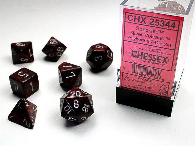 Chessex Speckled Silver Volcano Polyhedral 7 Die Set in black and red speckled design