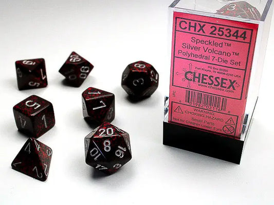 Chessex Speckled Silver Volcano Polyhedral 7 Die Set in black and red speckled design