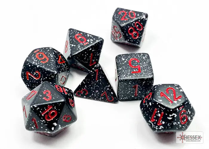 Chessex Speckled Space Blacklight Reactive Polyhedral 7 Die Set with black dice red numbers