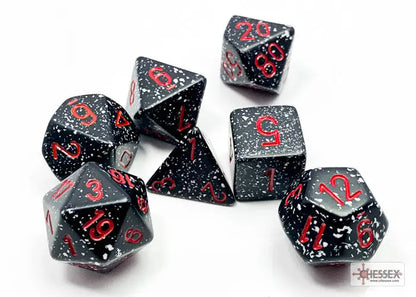 Chessex Speckled Space Blacklight Reactive Polyhedral 7 Die Set with black dice red numbers