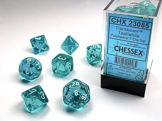 Chessex Translucent Teal White Polyhedral 7 Die Set for tabletop gaming