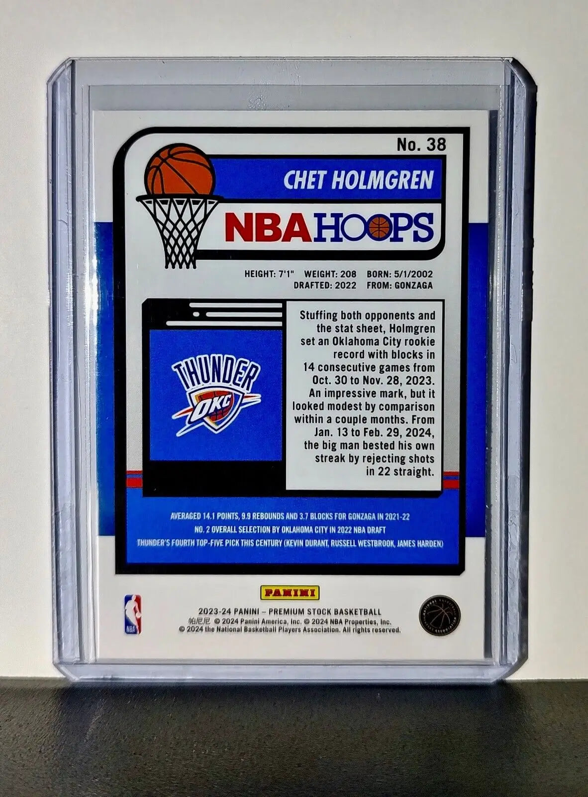 Chet Holmgren 2023-24 Panini Premium Stock NBA Hoops #38 Card OC Thunder - Basketball Card Single