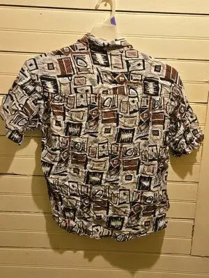 Chiamare Shirt Mens M Abstract Geometric Short Sleeve 100% Rayon Brown Navy - Apparel