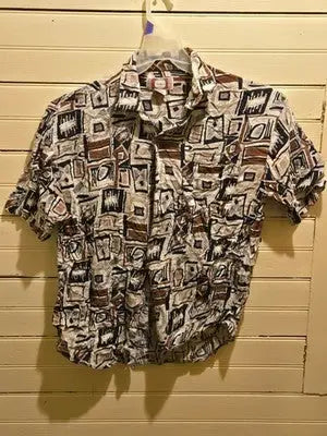 Chiamare Shirt Mens M Abstract Geometric Short Sleeve 100% Rayon Brown Navy - Apparel