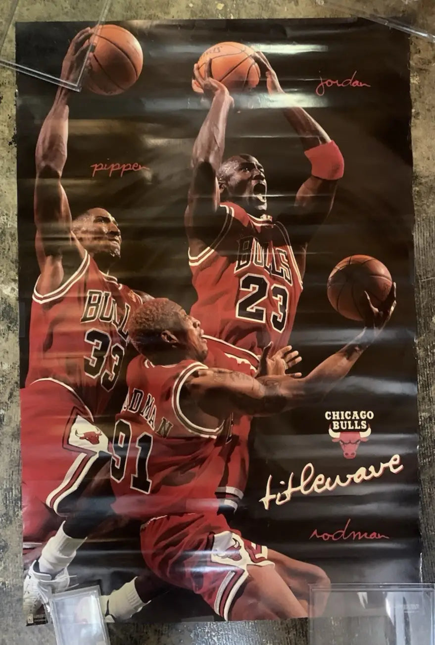 Chicago Bulls Titlewave Michael Jordan Pippen Rodman Poster 35x23 Vintage Low Gd