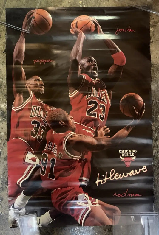Chicago Bulls Titlewave Michael Jordan Pippen Rodman Poster 35x23 Vintage Low Gd