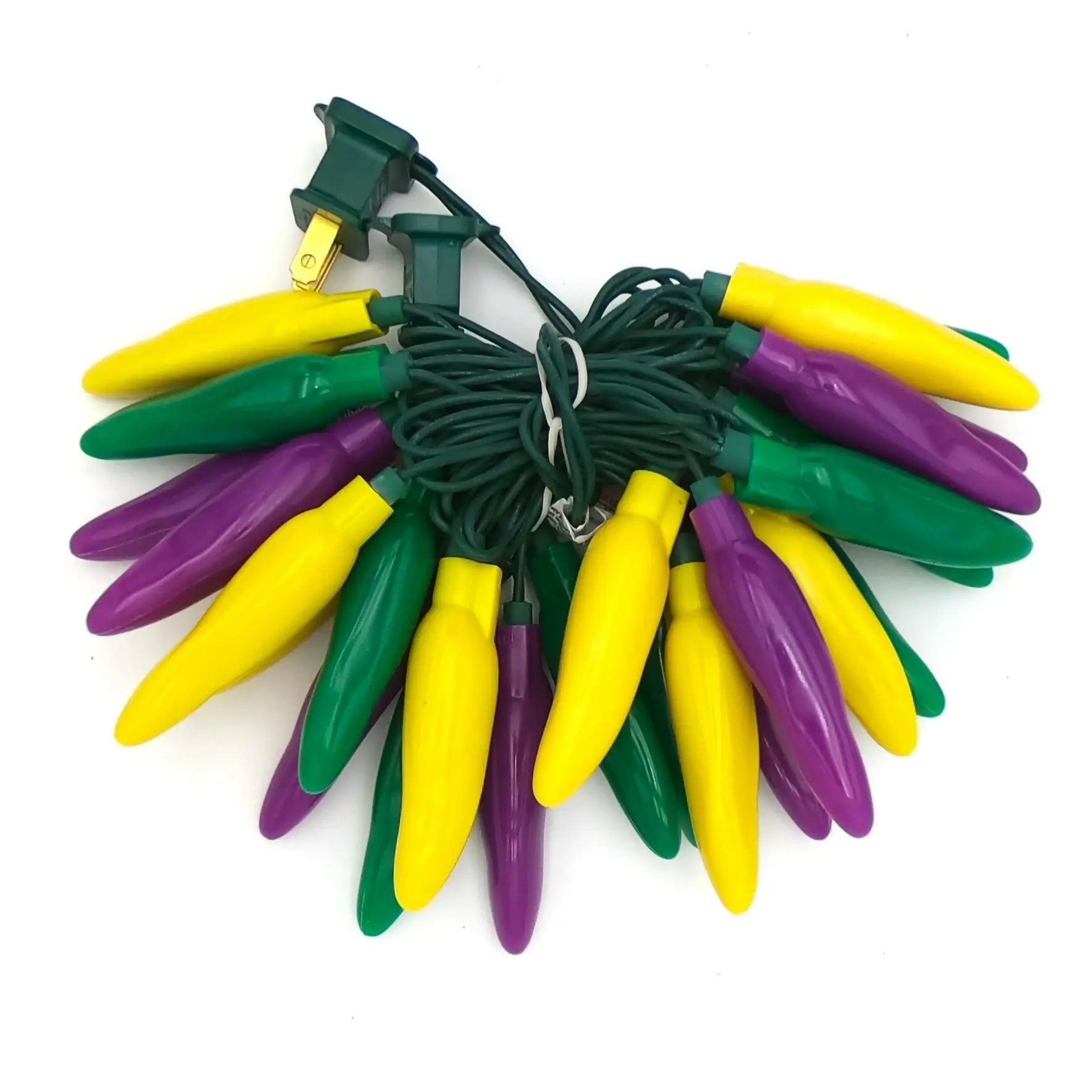 Colorful chili pepper string lights with yellow, green, and purple peppers for festive decor