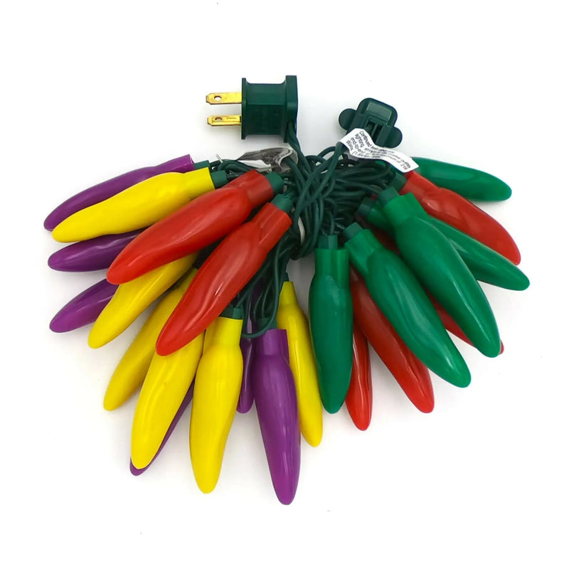 Chili pepper string lights with multi-colored cone-shaped bulbs for festive decoration