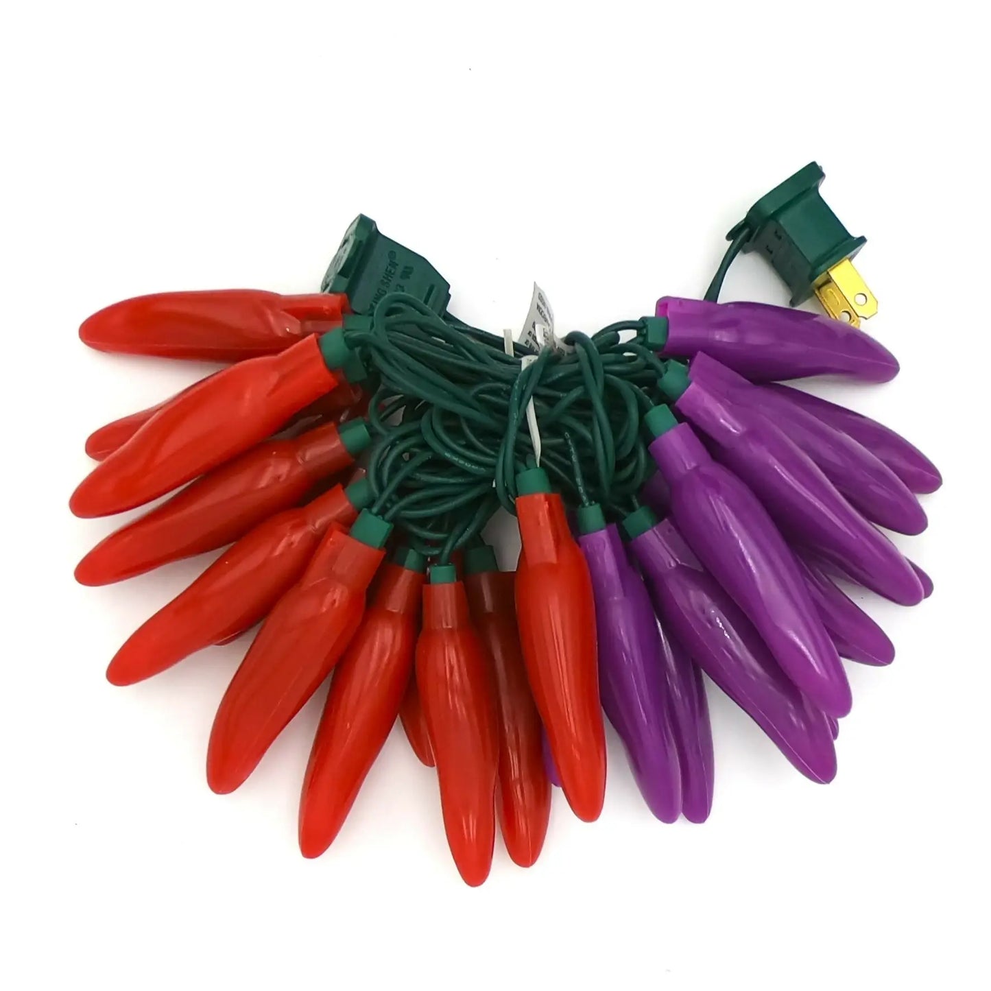 Red and purple chili pepper string lights with green cord and plug for festive decor