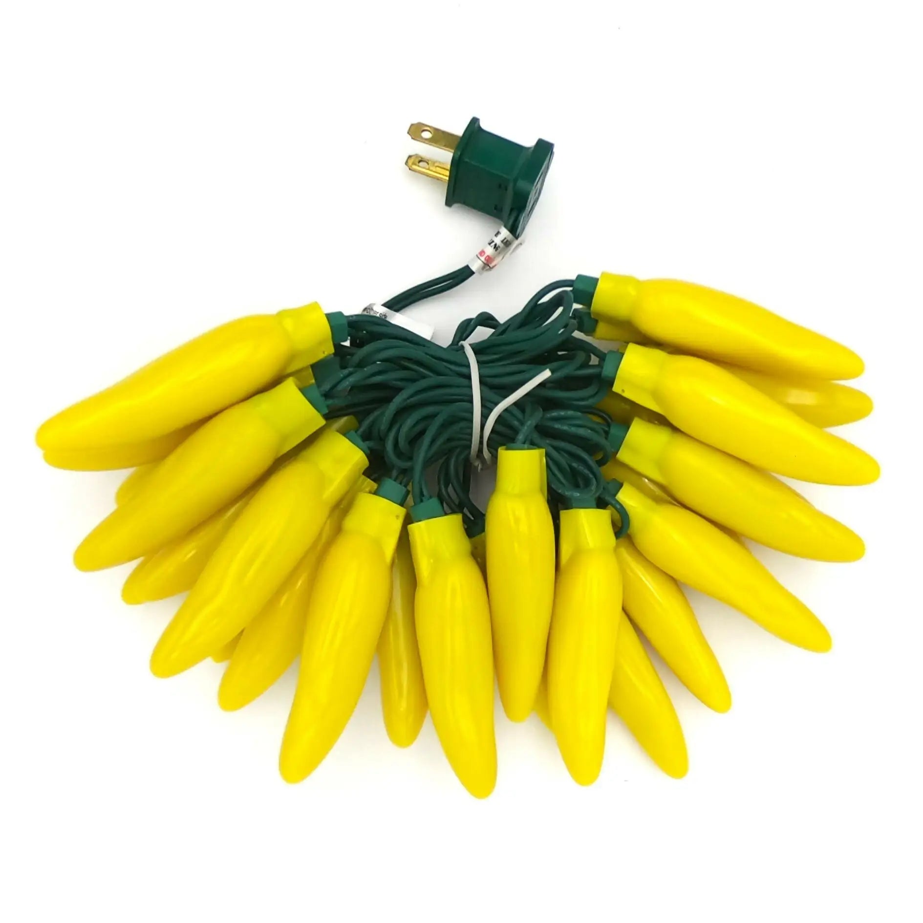 Yellow chili pepper string lights with green cord and two-prong plug for festive decor
