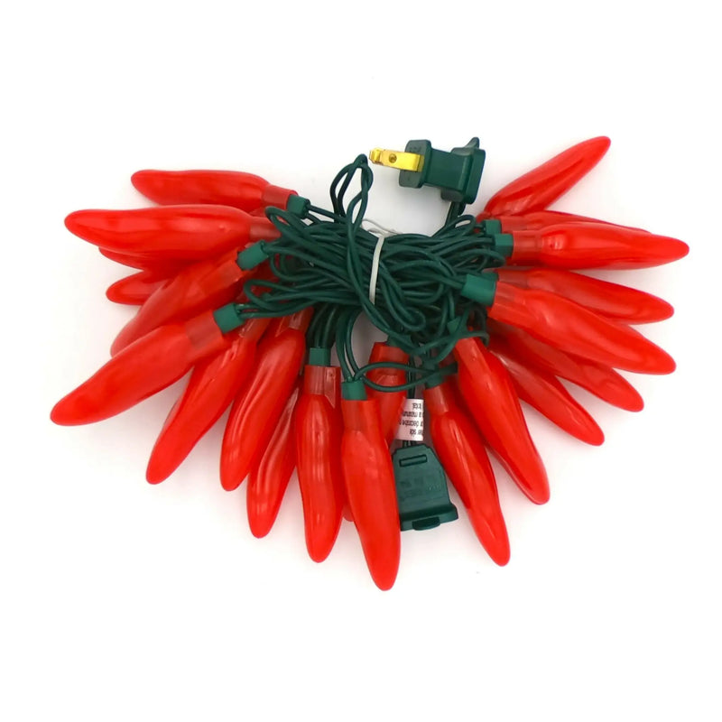 Chili pepper string lights with red pepper-shaped LEDs, green cord, and plug for fiesta style decor