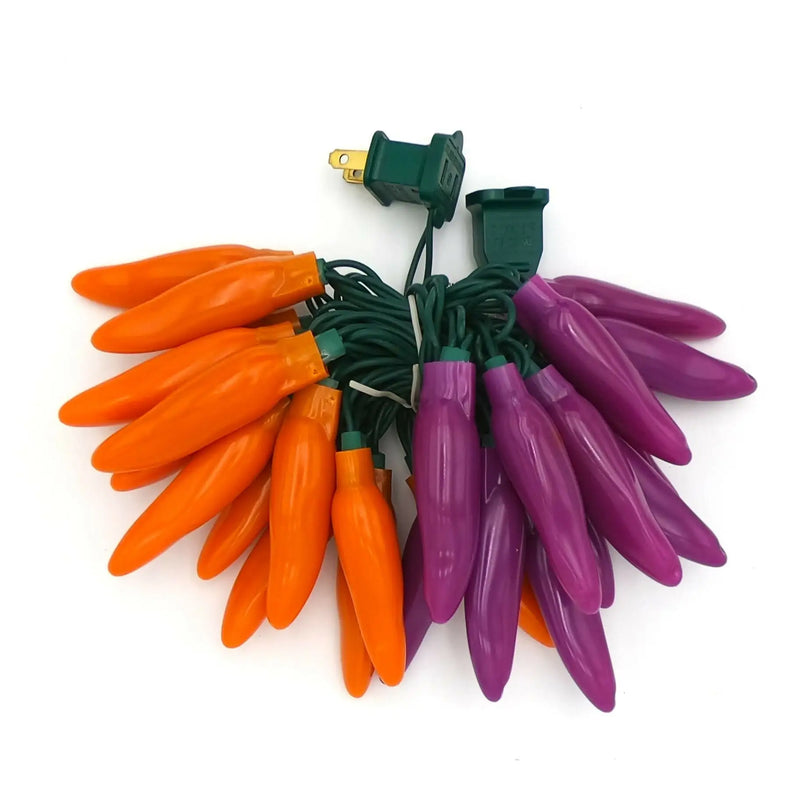Orange and purple chili pepper string lights for festive decor and colorful ambiance