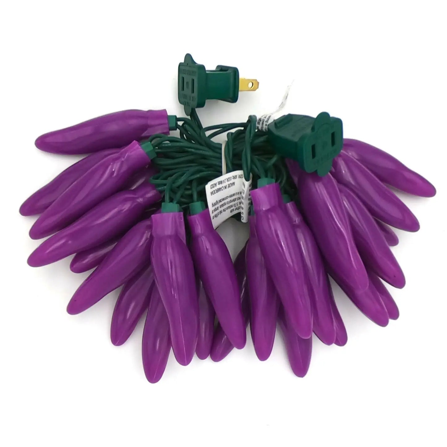 Purple chili pepper string lights with green wiring, perfect for fiesta style decor