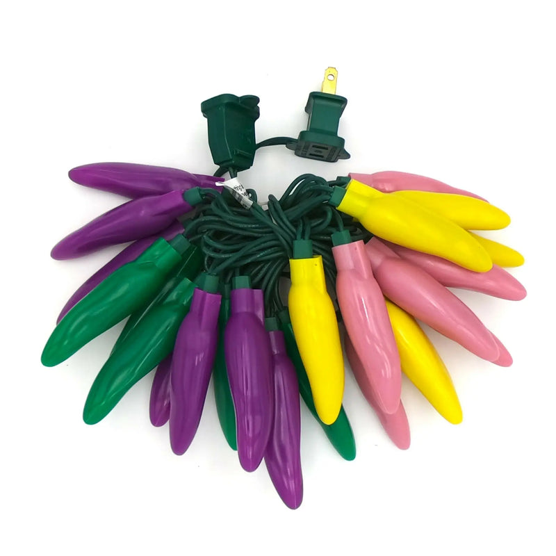 Colorful chili pepper string lights with yellow, pink, green, and purple LEDs for festive decor