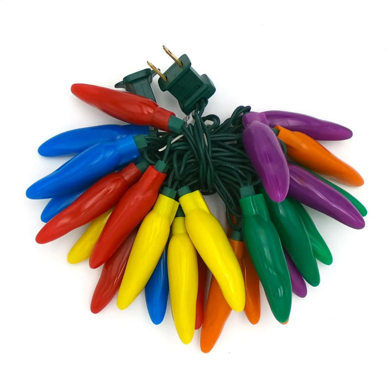 Colorful chili pepper string lights with green plug, LED Fiesta Style pepper string