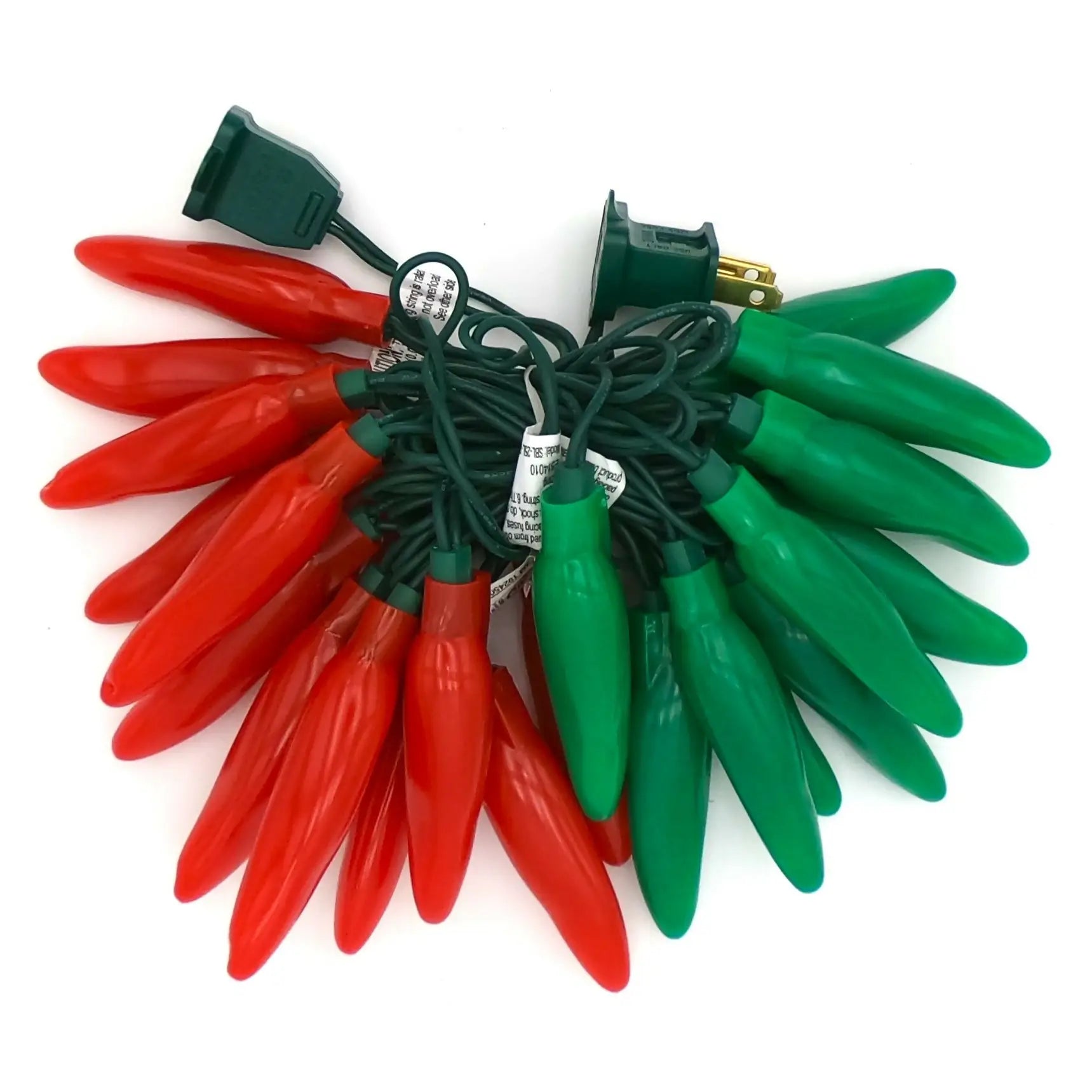 Red and green chili pepper string lights with dark green wiring for festive decor