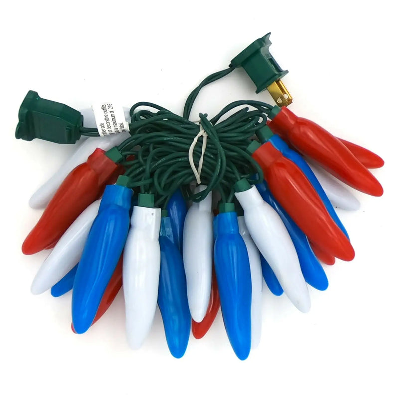 Patriotic-colored chili pepper string lights with red, white, and blue bulbs for Fiesta Style decor