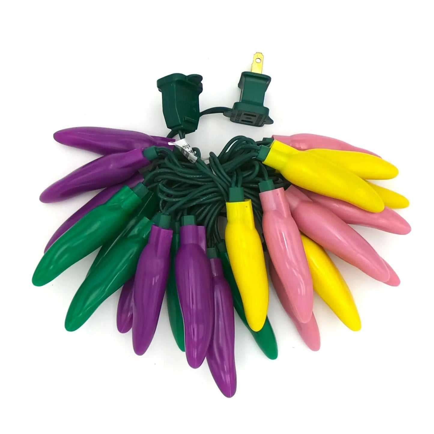 Colorful chili pepper string lights with green, purple, yellow, and pink LEDs for festive decor