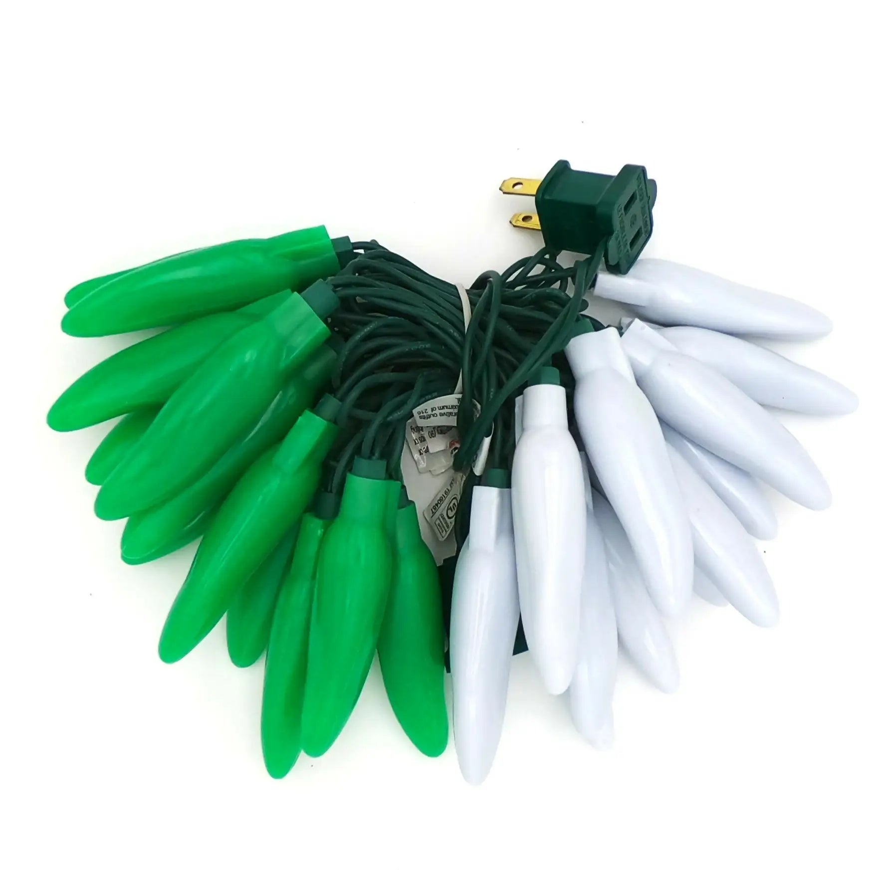 Green and white outdoor chili pepper string lights with a green power plug for festive decor