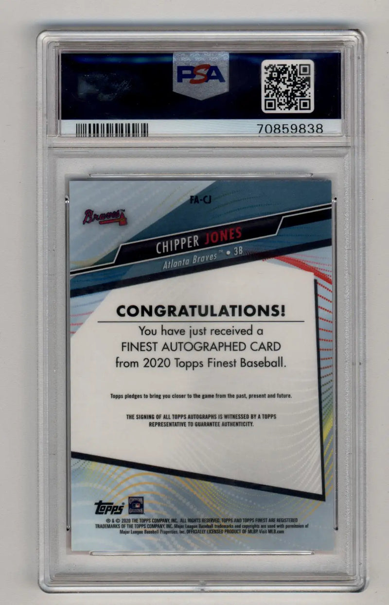 PSA-graded 2020 Topps Finest Chipper Jones orange wave refractor auto card in Gem Mint