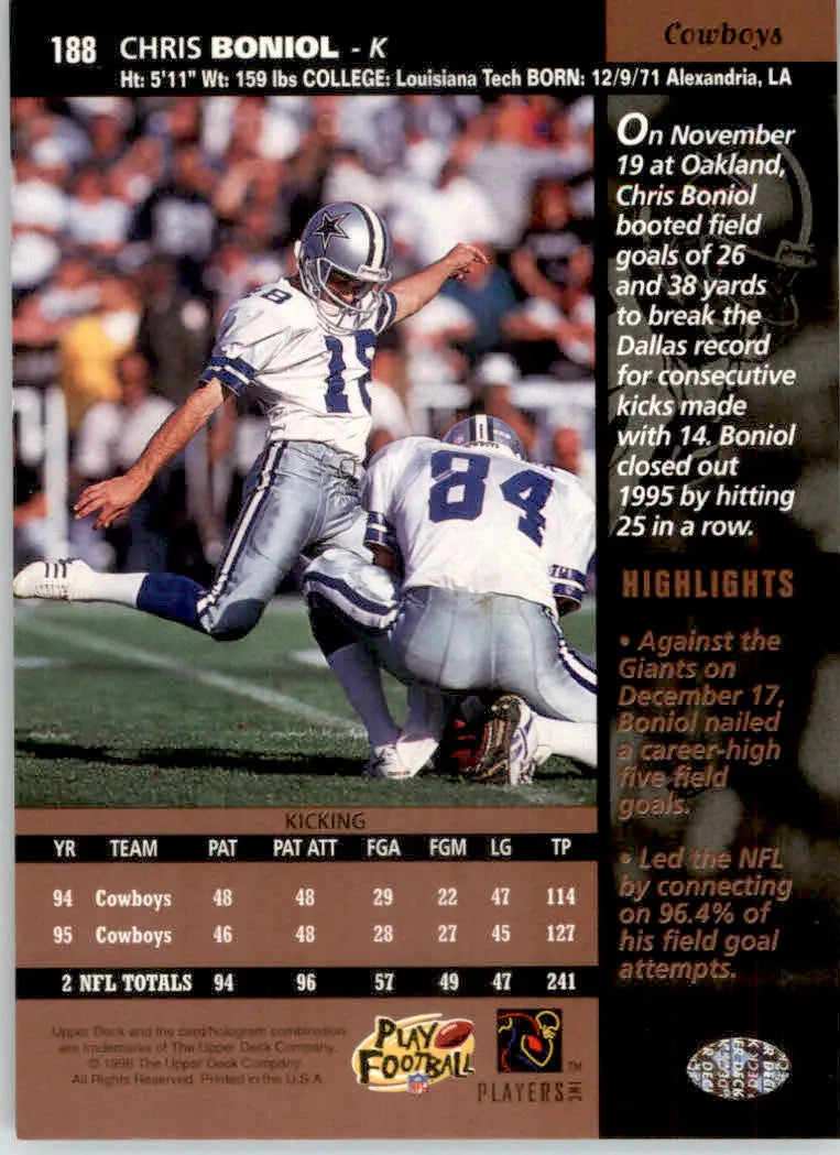 Chris Boniol - 1996 Upper Deck - #188 - Football - Football Card Single