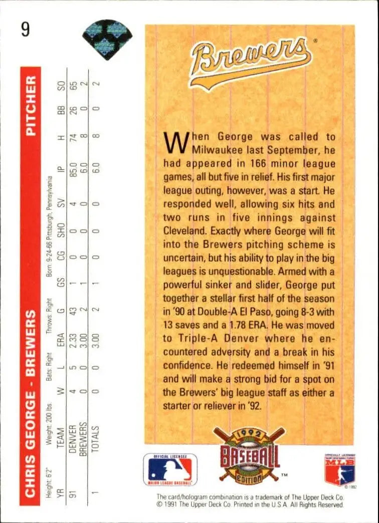 Chris George 1992 Upper Deck MLB #9 Star Rookies Baseball Card Milwaukee Brewers - Baseball Card Single