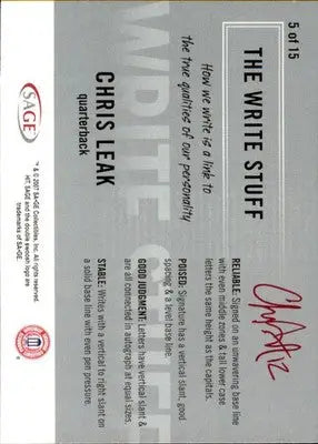 Chris Leak - 2007 SAGE HIT - #5 - Write Stuff Football - Football Card Single