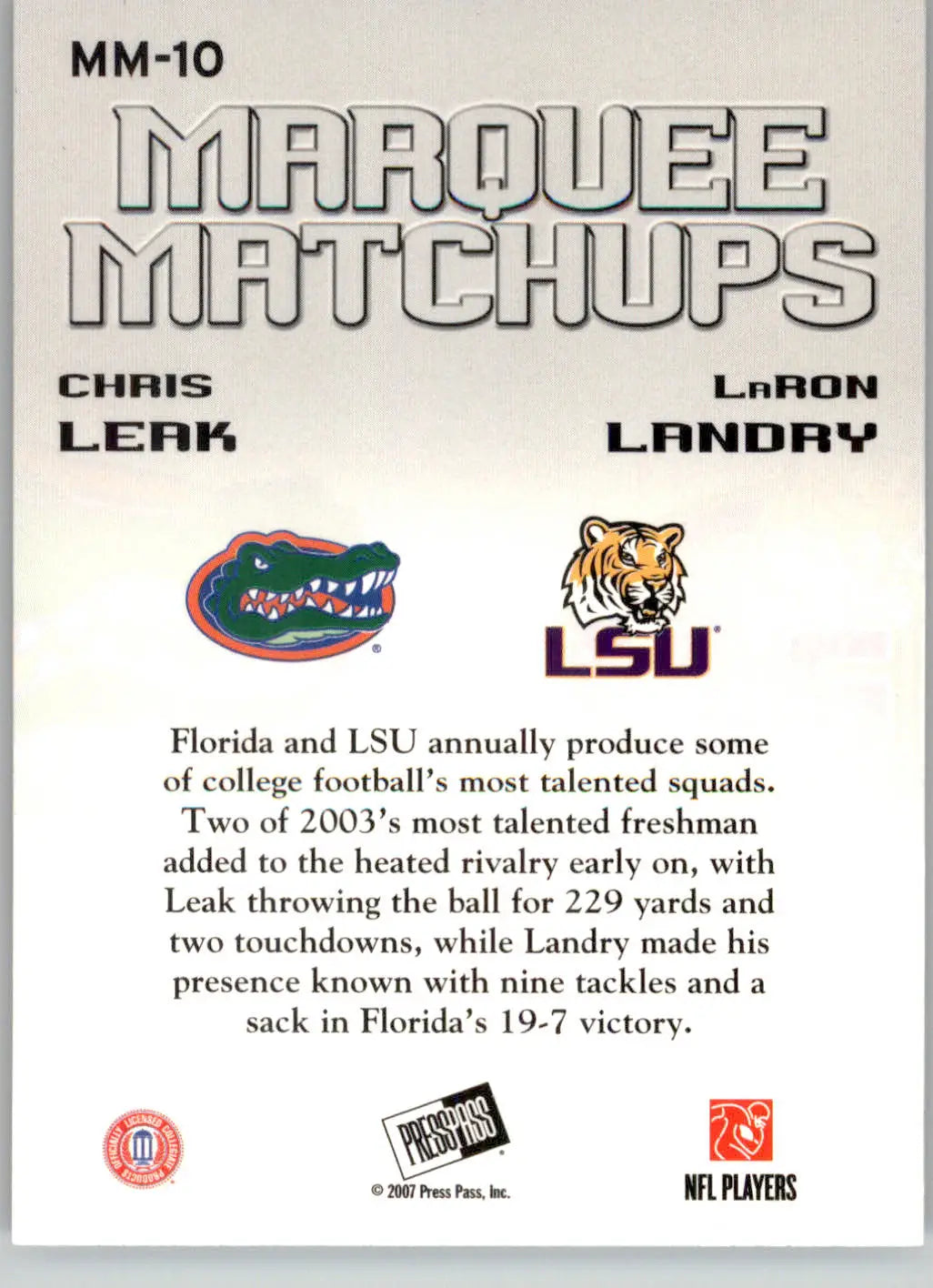 Chris Leak / LaRon Landry - 2007 Press Pass SE - #MM-10 - Marquee Matchups - Football Card Single