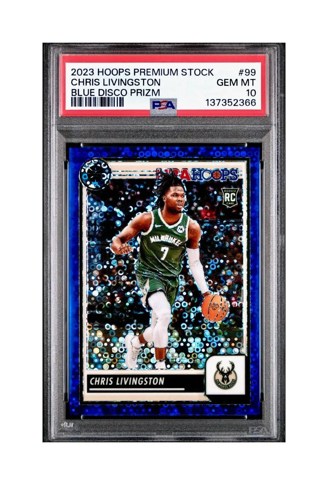 Chris Livingston 2023 Panini Hoops Premium #99 93/99 Blue Disco Prizm PSA 10 Gem