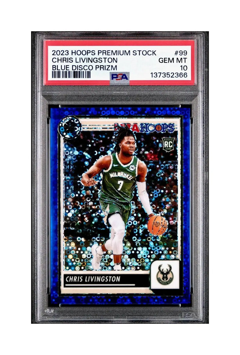 Chris Livingston 2023 Panini Hoops Premium #99 93/99 Blue Disco Prizm PSA 10 Gem