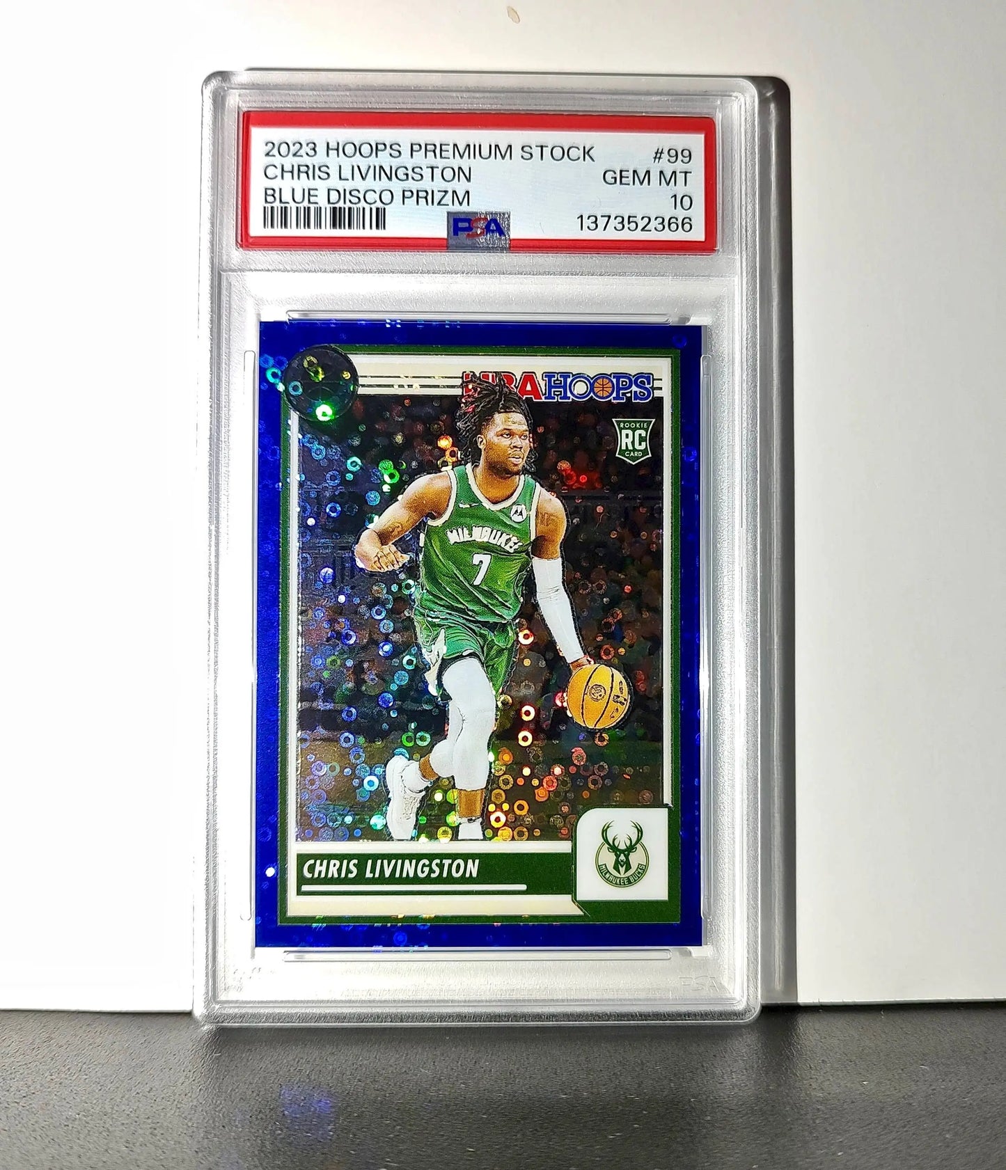 Chris Livingston 2023 Panini Hoops Premium #99 93/99 Blue Disco Prizm PSA 10 Gem
