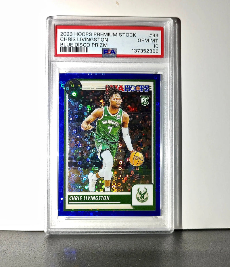 Chris Livingston 2023 Panini Hoops Premium #99 93/99 Blue Disco Prizm PSA 10 Gem