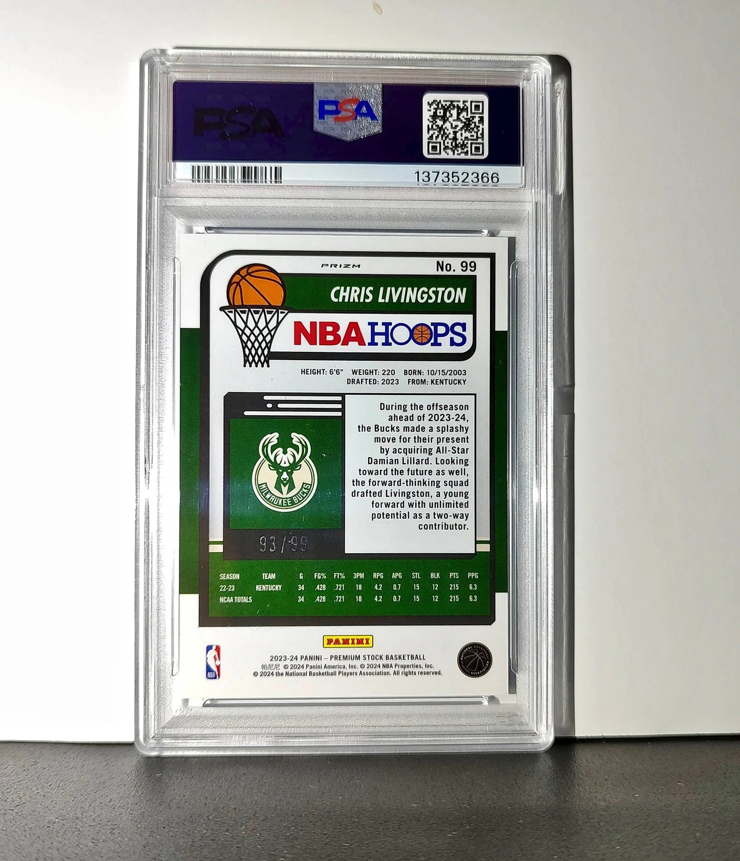 Chris Livingston 2023 Panini Hoops Premium #99 93/99 Blue Disco Prizm PSA 10 Gem