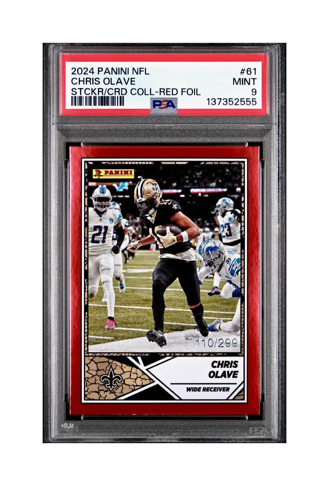 Chris Olave 2024 Panini Sticker Collection 110/299 #61 Red Foil PSA 9 Mint