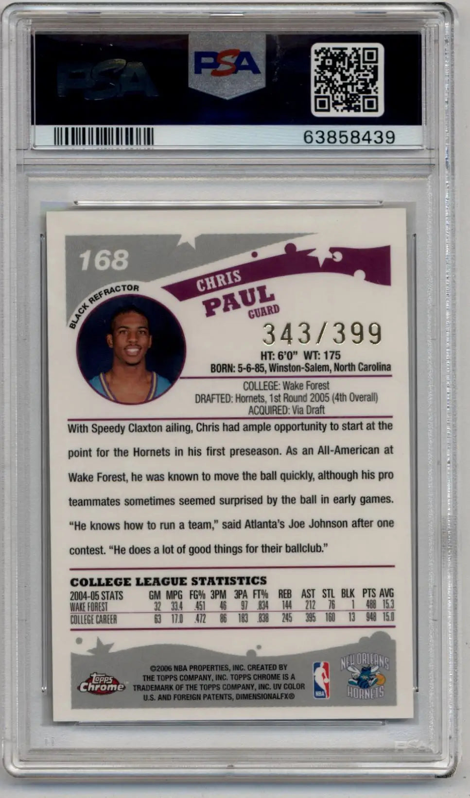 Chris Paul 2005-06 Topps Chrome Black Refractor #168 343/399 PSA 9 Mint - Basketball Card Single