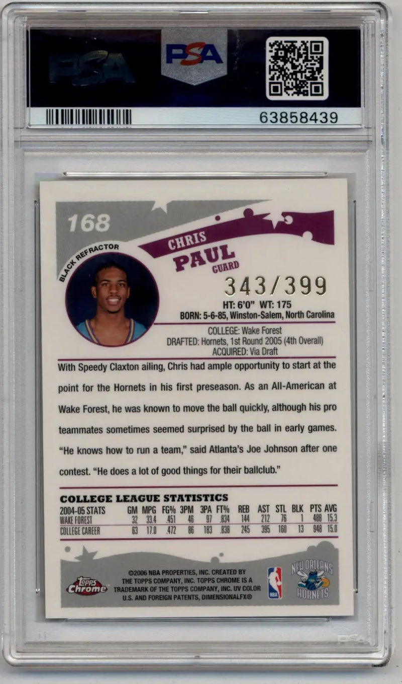 Chris Paul 2005-06 Topps Chrome Black Refractor #168 343/399 PSA 9 Mint - Basketball Card Single