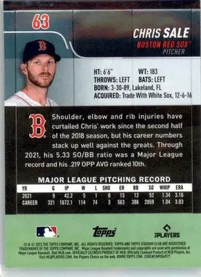 Chris Sale - 2022 Stadium Club - #63 - Baseball - Baseball Card Single