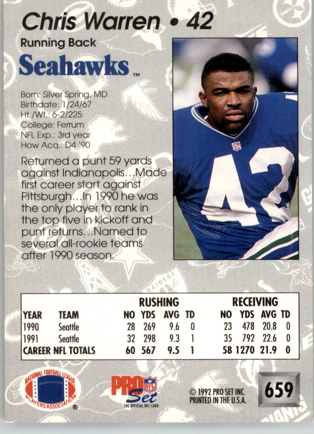 Chris Warren - 1992 Pro Set - #659 - Football - Football Card Single