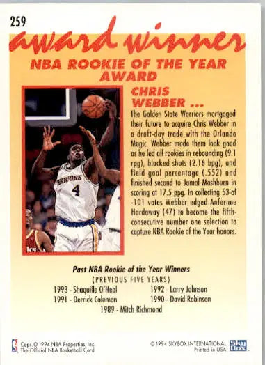 Chris Webber - 1994-95 Hoops - #259 - Basketball - Basketball Card Single