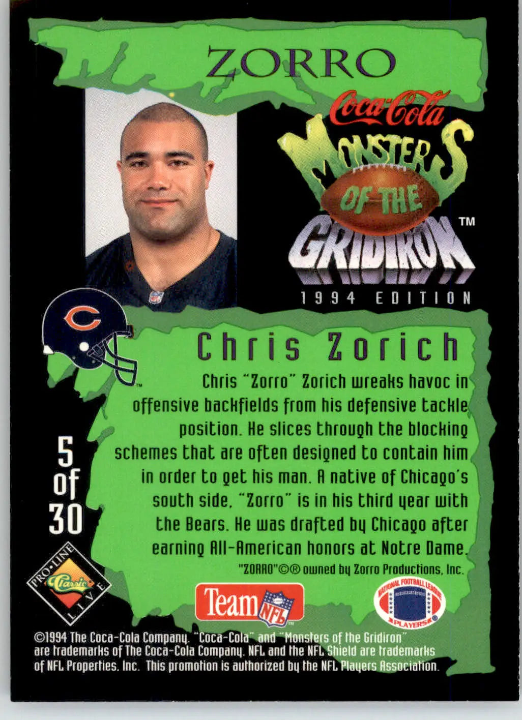 Chris Zorich - 1994 Coca-Cola Monsters of the Gridiron - #5 - Football - Football Card Single