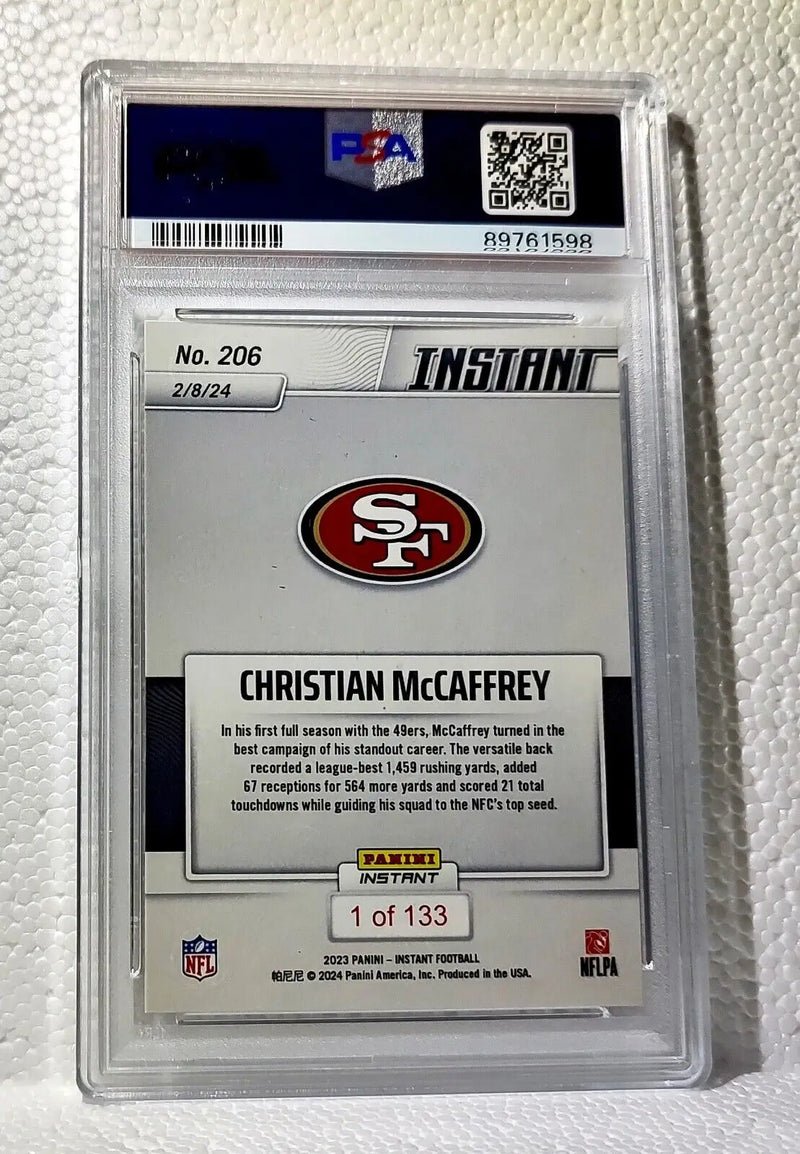 Christian McCaffrey 2023 Panini Offensive Player of the Year #206 Card PSA 8 - Football Card Single