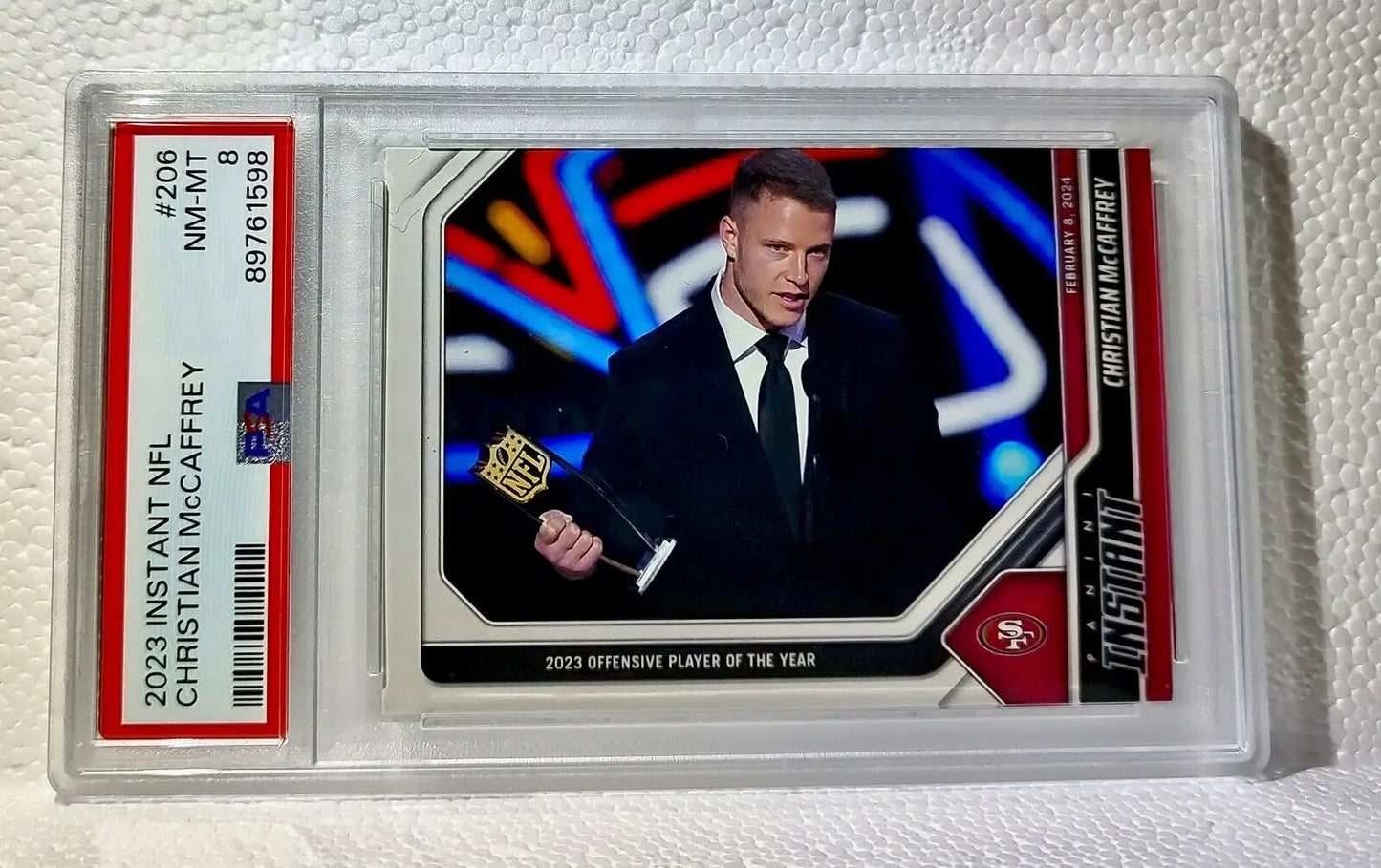 Christian McCaffrey 2023 Panini Offensive Player of the Year #206 Card PSA 8 - Football Card Single