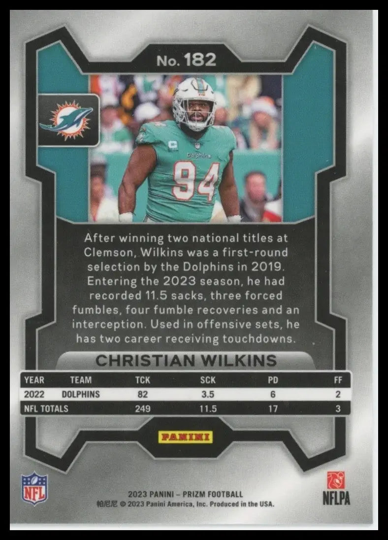 Christian Wilkins Miami Dolphins 2023 Panini Prizm #182 Football Card NFL Sports - Football Card Single